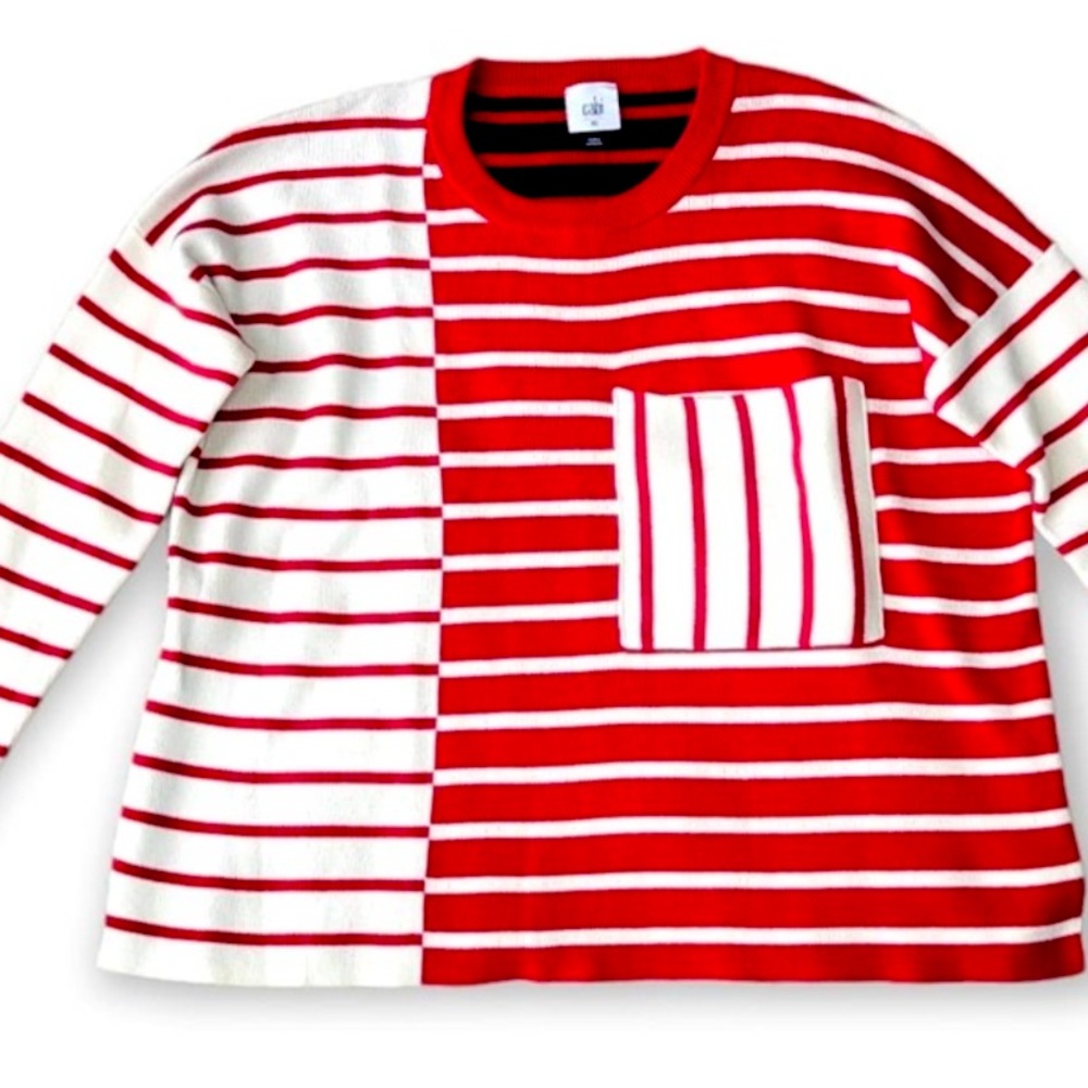 CAbi Mixed Stripe Red White Black Pocket Pullover Sweater Size XL, EUC